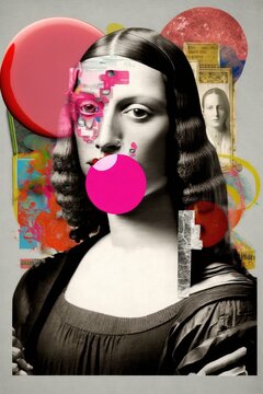 Abstract contemporary portrait of mona lisa with modern print pop art and paint on her face. Modern design of colorful and conceptual bright art collage. AI Generated