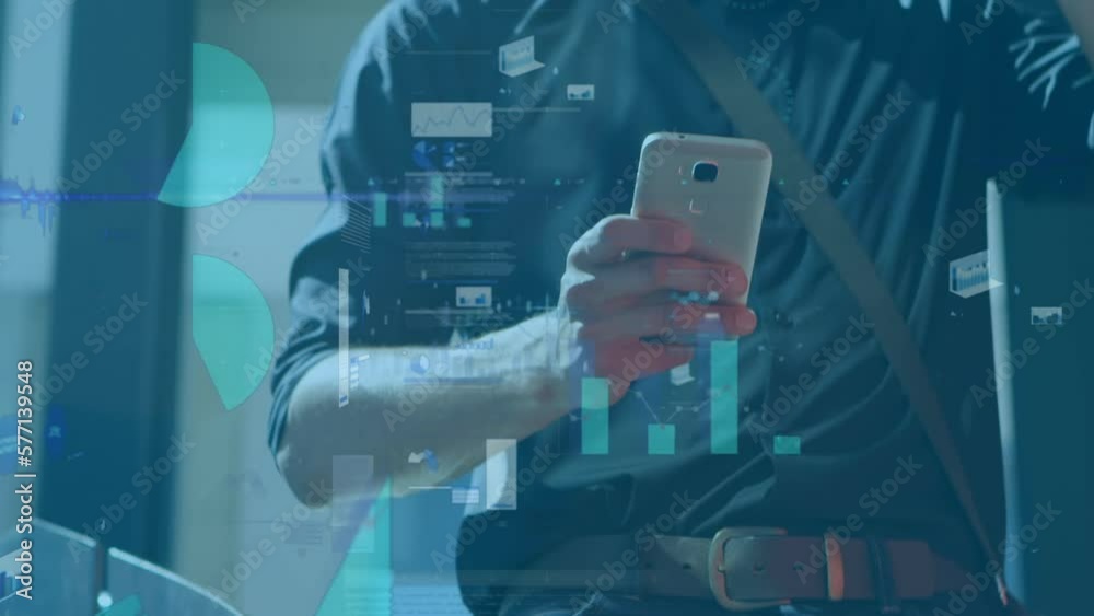 Poster animation of data processing over caucasian man using smartphone