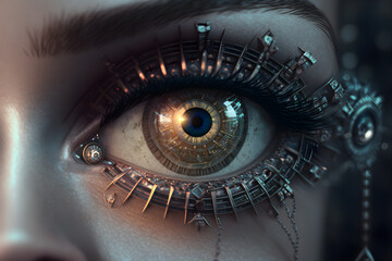 Close up of female eye with cyberpunk implant of super vision generative ai