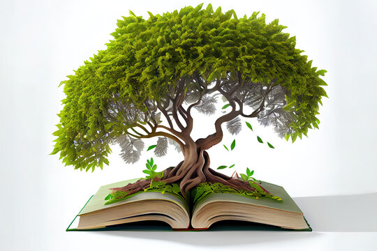 growing tree with green leaves from an open book. Generative Ai