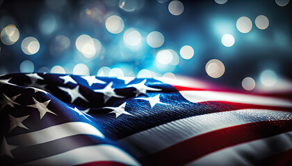 Celebratory fireworks on the background of the US flag at night. Independence day. Generative AI