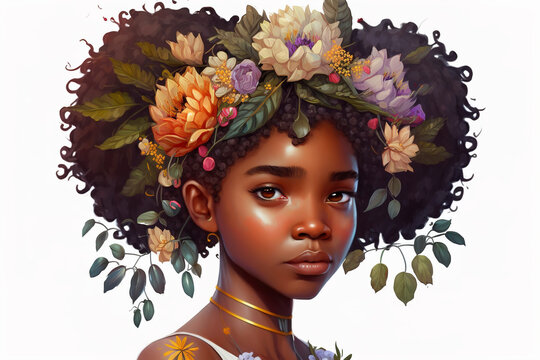 Beauty portrait of african american girl with flowers on her head on white background, afro-american girl with flowers in hair, generative ai