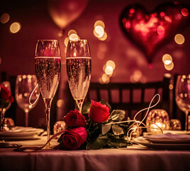 Table decorated for a romantic dinner with two champagne glasses, roses, balloons, etc. generated by artificial intelligence