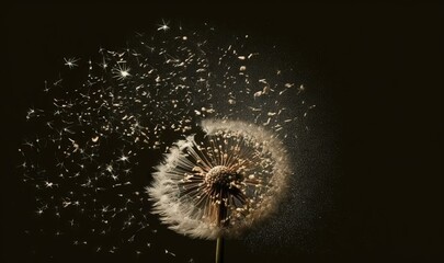  a dandelion is blowing in the wind on a black background with stars in the sky above it and a black background with a black background with a white dandelion.  generative ai