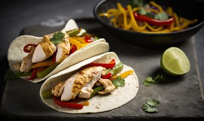  two fish tacos with peppers, peppers, and peppers on a plate next to a bowl of mango salsa and a lime wedge on a slate board.  generative ai