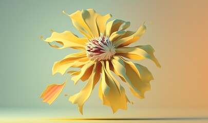  a large yellow flower with a red center on a green and yellow background with a white center on the center of the flower and the petals.  generative ai
