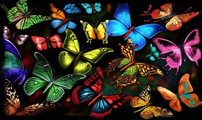  a group of colorful butterflies flying in the air with a black background and a black background with a black background and a black background with a.  generative ai