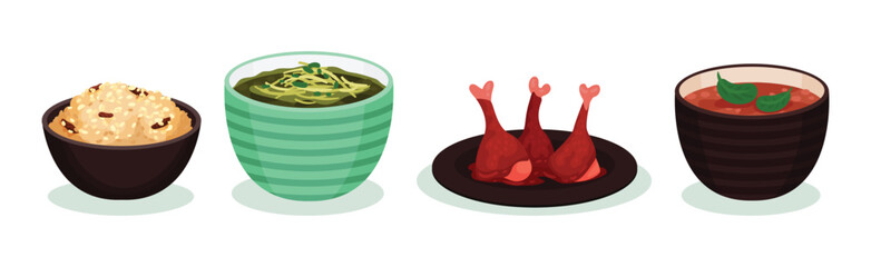 Tasty Food and Served Appetizing Meal Vector Set