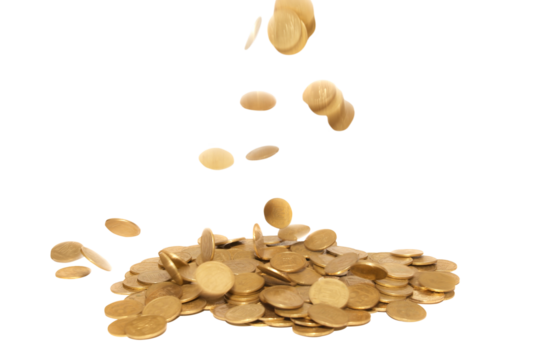 Golden coins money jackpot fall rain in PNG isolated on transparent background