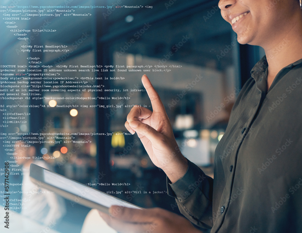 Aufkleber Html, programming overlay and woman on tablet for internet, coding and network online in office. Communication, information technology and girl with digital tech for cyber, data analysis or software