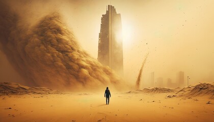 Man walking in sandstorm, generative ai