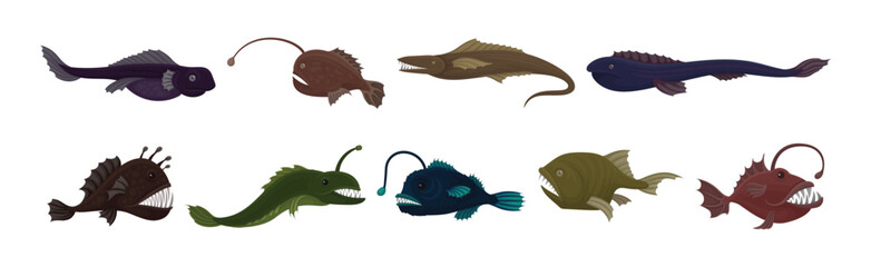 Fish of the Deep Blue Sea with Toothy Lanternfish Vector Set