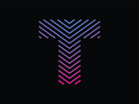 Alphabet T written with colorful digital lines. Abstract letter T logo design template. Logo type vector design