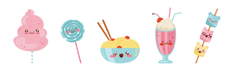 Funny Kawaii Food with Smiling Faces Vector Set