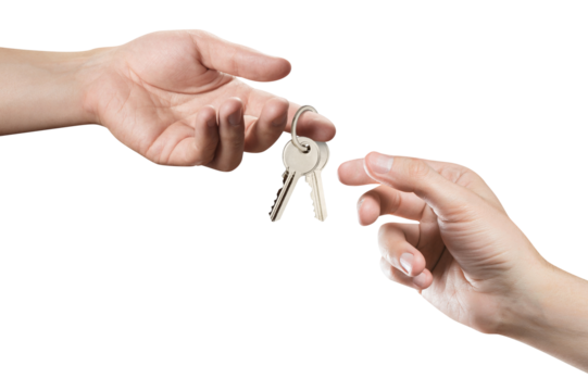 Hands sharing house keys, cut out