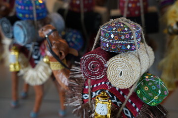 A lot of Arabic camel souvenirs. Gift shops display with some toys for tourism in the middle east Abo Dhabi, united arab emirates.