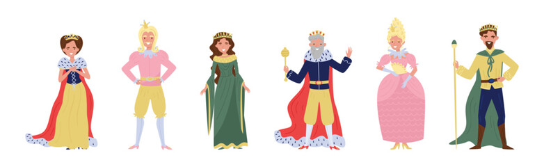 Royal Family Member with Queen, King, Prince and Princess Wearing Crown Vector Set