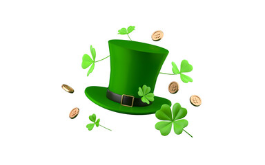 St. Patrick's Day Leprechauns hat with clover and gold coins isolated on white background. 3d rendering