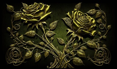 a painting of gold roses on a dark green background with swirls and leaves on the bottom of the image and the bottom of the frame.  generative ai