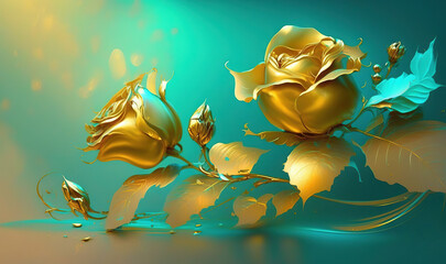  a painting of a gold rose on a blue background with water droplets and leaves on the bottom of the image and the bottom of the image with a green background.  generative ai