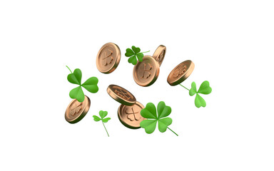 Gold coins with shamrock leaves St. Patrick's Day celebrating isolated on white background. 3d rendering