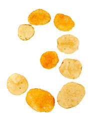Number 0 made of potato chips and isolated on transparent png background. Food numeral concept. One number of the set of potato chip font easy to stacking.