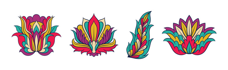 Colorful Floral Elements Based on Traditional Asian Ornaments Vector Set
