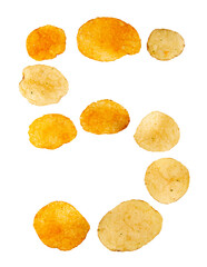 Number 5 made of potato chips and isolated on transparent png background. Food numeral concept. One number of the set of potato chip font easy to stacking.