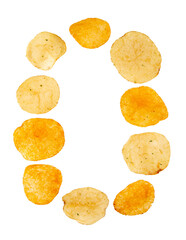 Number 0 made of potato chips and isolated on transparent png background. Food numeral concept. One...