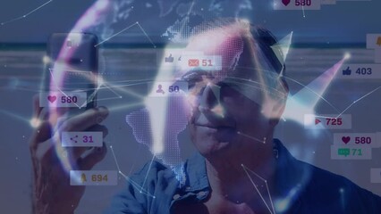 Animation of connections, globe, icons and diverse data over caucasian senior man with smartphone - Powered by Adobe