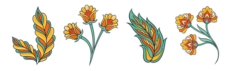 Colorful Floral Elements Based on Traditional Asian Ornaments Vector Set