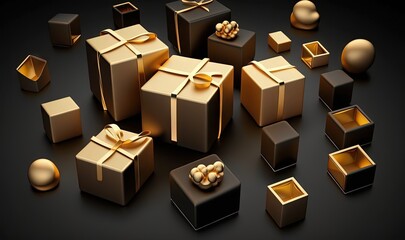  a bunch of boxes that are sitting next to each other on a black surface with a gold bow on top of one of the boxes.  generative ai