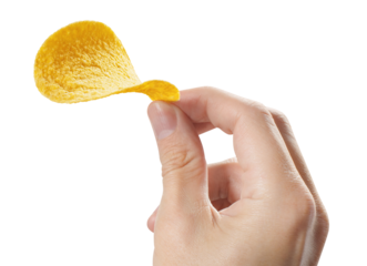 Hand holding potato chips cut out