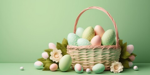 easter eggs in basket isolated on green background with copy space for spring holiday