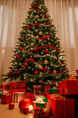 Fototapeta na wymiar IA arbol de navidad con regalos, luces y otros objetos. La magia de la Navidad en nuestro árbol