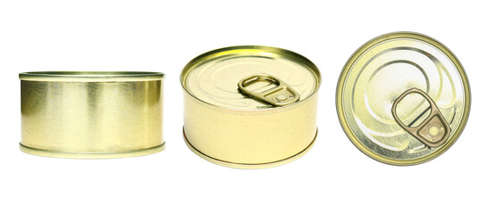 Set of Preserve food canned shoot in difference anger, side and top view. Golden metal round tin cans for food can mock up. Food can with blank label isolated on white.