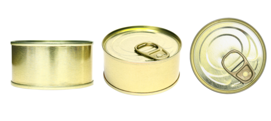 Set of Preserve food canned shoot in difference anger, side and top view. Golden metal round tin cans for food can mock up. Food can with blank label isolated on white.