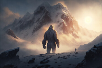 Yeti in the mountains in fog Snowman - Ki