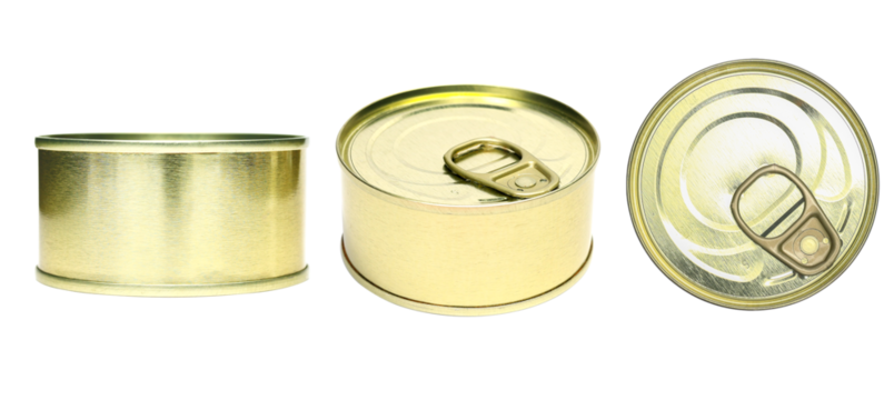 Set of Preserve food canned shoot in difference anger, side and top view. Golden metal round tin cans for food can mock up. Food can with blank label isolated on white.