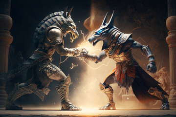 epic battle between different versions of Anubis, Generative AI