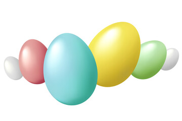 Composition of 3D Easter eggs isolated on transparent background. Horizontal template for Happy Easter, web banner, flyer, advertising certificate or postcard. PNG