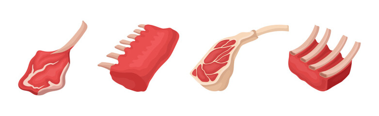 Different Meat Product with Beef Rib Cuts Vector Set - obrazy, fototapety, plakaty