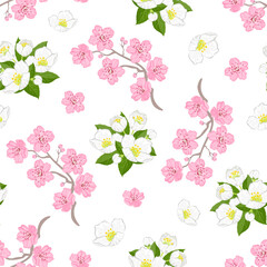 Floral seamless pattern with branches of cherry blossom and jasmine flowers isolated on white. Botanical spring background. Vector cartoon illustration of nature.