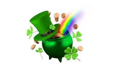 Pot of gold with the end of the rainbow with Leprechauns hat St. Patrick’s Day. Shamrocks and gold coins. 3d rendering