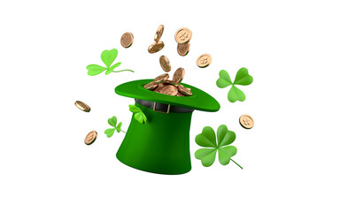 Leprechauns hat full of gold coins. Celebrating St. Patrick's Day. Shamrocks and gold coins. 3d rendering