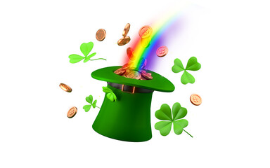 Leprechauns hat with the end of the rainbow St. Patrick’s Day. Shamrocks and gold coins. 3d rendering