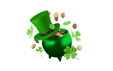 Celebrating St. Patrick's Day. Pot of gold with Leprechauns hat and gold coins. 3d rendering