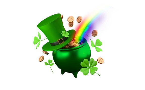 Pot of gold with the end of the rainbow with Leprechauns hat St. Patrick&rsquo;s Day. Shamrocks and gold coins. 3d rendering