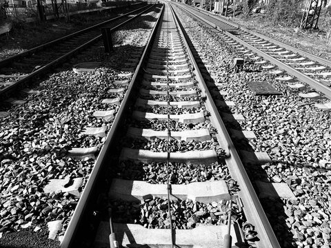 Railroad tracks photographed in black and white