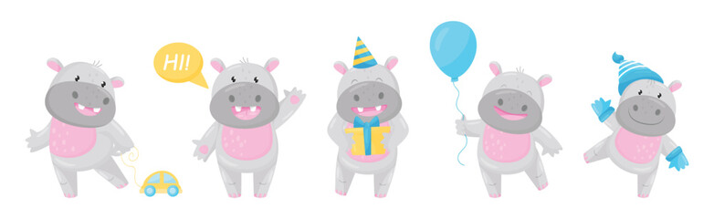 Cute Hippo Baby Boy Character with Stocky Body Engaged in Different Activity Vector Set